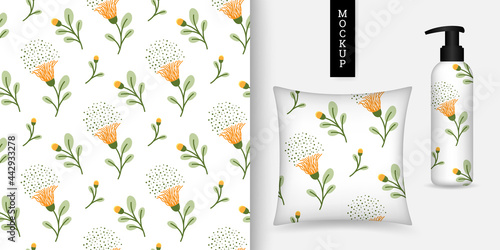 Floral seamless pattern. Beautiful botanical background. Vector illustration. Modern ornament with blooming flowers. Repeating texture. Design paper, wallpaper, fabric. Mockup.