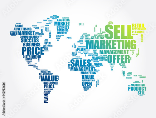 Marketing word cloud in shape of World Map  business concept background