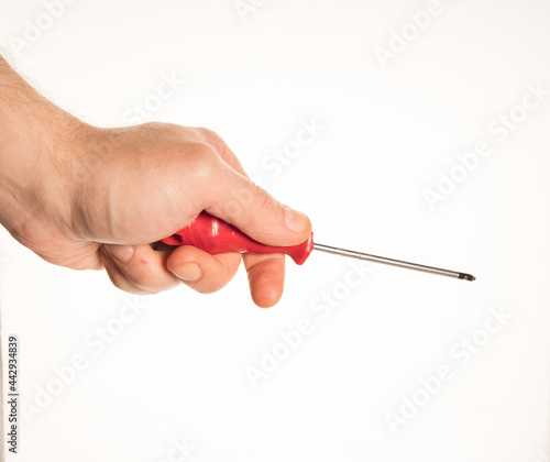 Caucasian Middle Age Male Person Holding Screwdriver Hand Different Position Photograph Set White Background 