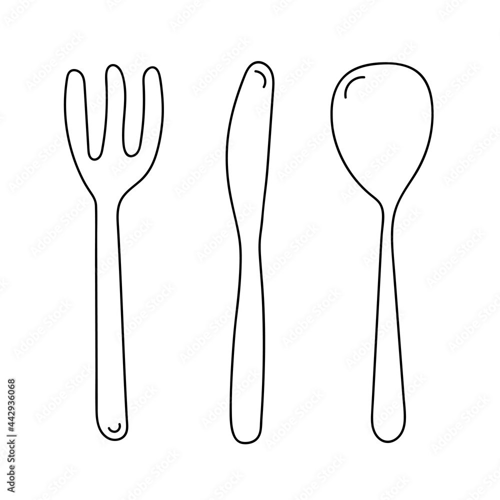 Spoon, knife and fork. Kitchen tools icon set. Line art doodle style. Spoon, knife and fork. Kitchen tools icon set. Line art doodle style.