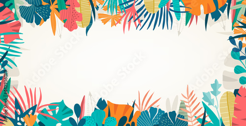 Hello Summer concept design, summer panorama, abstract illustration with jungle exotic leaves, colorful design, summer background and banner