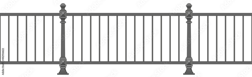 Iron railings. Metal work. Balcony. Handrails. Modern architecture. Wrought iron fence. Isolated. White background. Seamless template for design. Iron railings. Metal work. Balcony. Handrails. Modern architecture. Wrought iron fence. Isolated. White background. Seamless template for design.