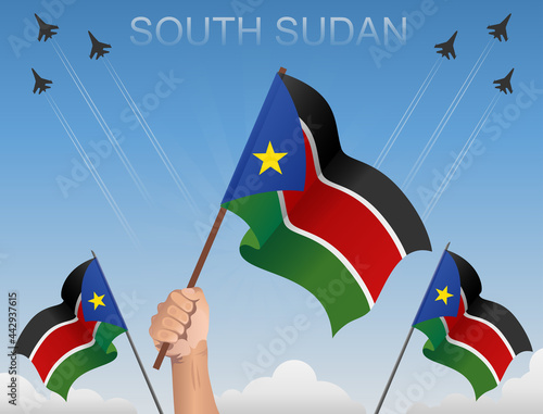 South Sudan flags flying under the blue sky  photo