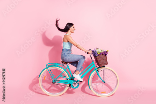 Full length body size photo woman riding retro bike in summer isolated pastel pink color background © deagreez
