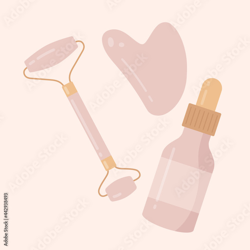 Trendy gua sha scraper, natural rose quartz crystal roll on face massager and face oil. Gua Sha skin care concept. Flat cartoon vector illustration. Isolated on white background. 
