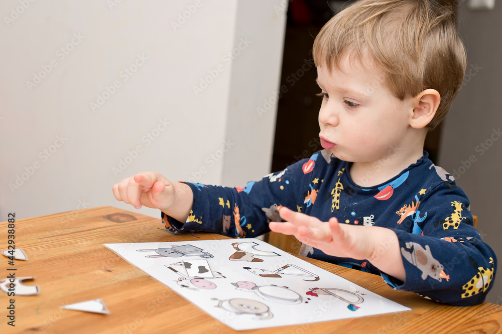 Animals and shapes. baby playing table game. preschool educational aid for kindergartens. children early learning montessori kit for intelligence and development. a glimpse of a concentrated toddler Animals and shapes. baby playing table game. preschool educational aid for kindergartens. children early learning montessori kit for intelligence and development. a glimpse of a concentrated toddler