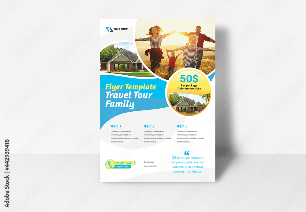 Travel Flyer Layout with Blue and Yellow Accents Stock Template | Adobe ...