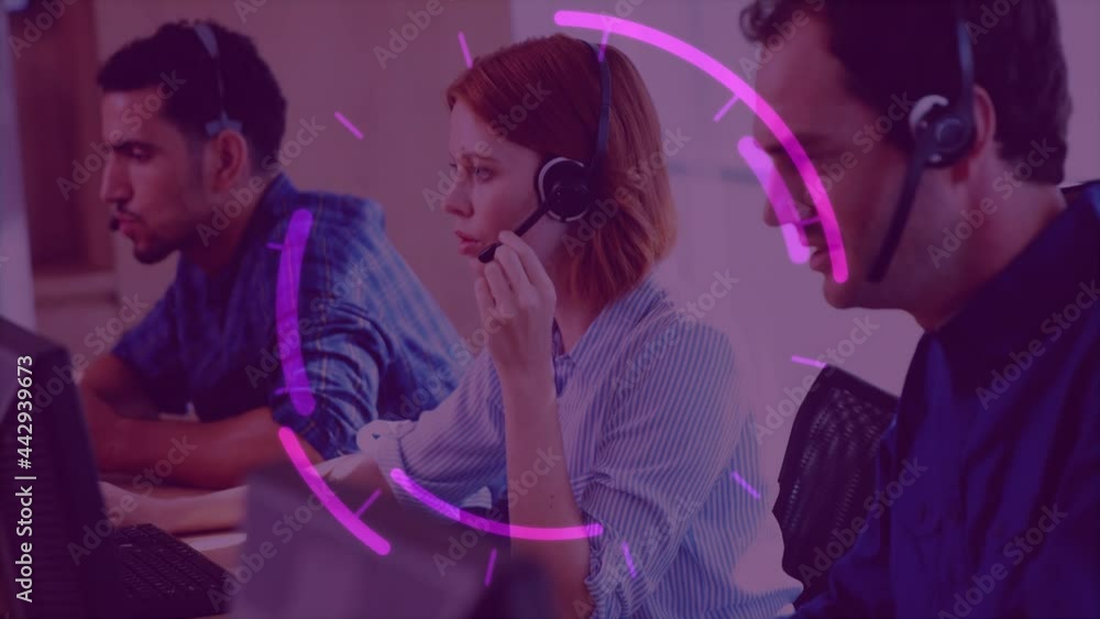Animation of network of connections over office workers wearing headsets Animation of network of connections over office workers wearing headsets