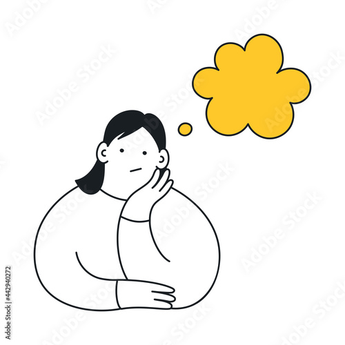 A beautiful woman dreaming about something pleasant, exciting, and admired. Elegant girl with dream bubbles and a smiley face. Thin line elegant vector illustration.