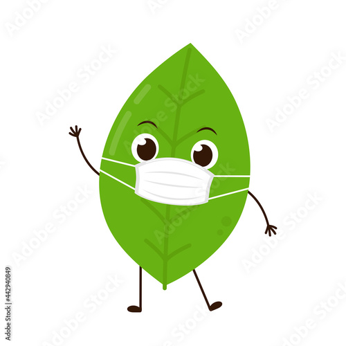 Tea leaves character. Tea leaves on. Matcha character design. Tea leaves cartoon wearing a mask.