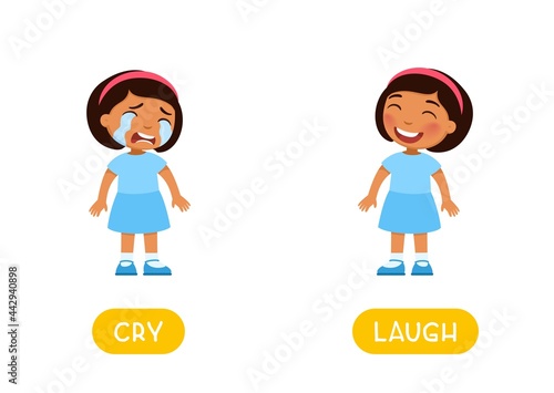 CRY and LAUGH antonyms, Opposites concept. Word card for English language learning with cartoon characters. Dark skin girl sad and girl happy illustration