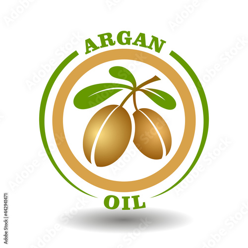 Vector circle logo Argan oil with green leaves icon and argania nuts symbol in round pictogram for organic cosmetics and herbal medicine package labeling contain Moroccan oil ingredient