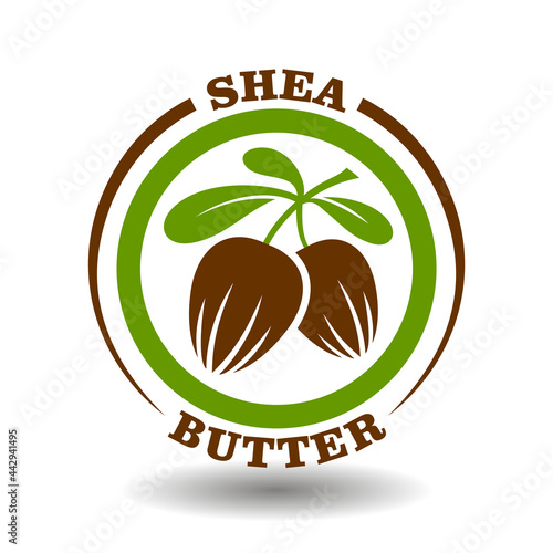 Vector circle logo Shea butter with green leaves branch and brown nuts symbol in round pictogram for organic cosmetics sign, natural food labeling tags and herbal medicine products packaging