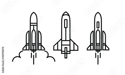 Vector rocket design with outline style prepares to launch into space. this emblem has a strong and simple character. minimalist design for logo and illustration needs.