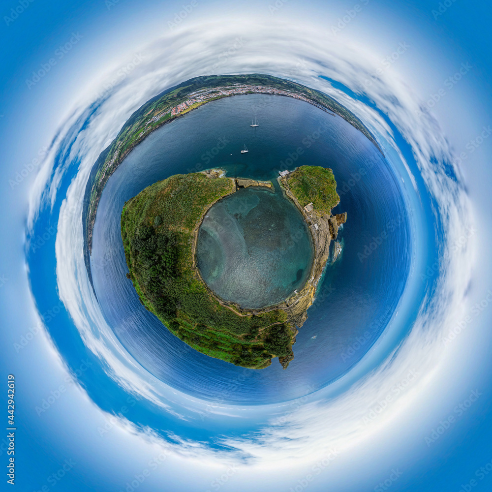 Fototapeta premium Aerial view of Azores, Portugal. Little planet panorama 360 degrees. Drone landscape in a Tiny planet image of Vila Franca Islet. Travel destination. Summer vacations.
