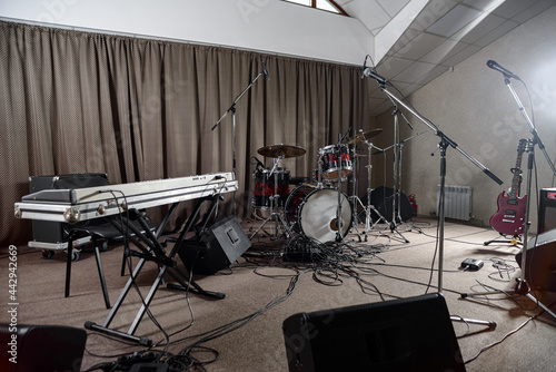 The rehearsal base. Stage and musical instruments.