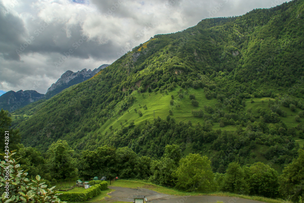 Paisaje natural de Cette-Eygun, un pequeño pueblo en el lado norte de los Pirineos franceses. Hermosas laderas verdes al final de la primavera en un día nublado. Francia.