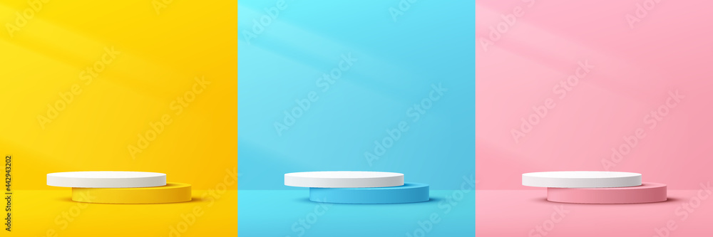 Set of abstract 3D yellow, pink, blue and white cylinder pedestal podium with lighting. Pastel minimal scene collection. Modern vector rendering geometric platform for product display presentation. Set of abstract 3D yellow, pink, blue and white cylinder pedestal podium with lighting. Pastel minimal scene collection. Modern vector rendering geometric platform for product display presentation.