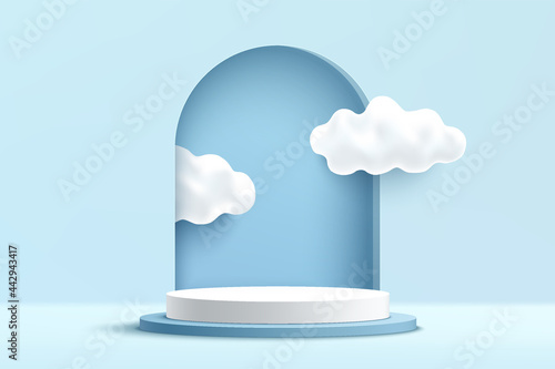 Abstract 3D light blue and white cylinder pedestal podium with clouds inside the window on the wall. Pastel blue minimal scene. Modern vector rendering geometric platform for product presentation.