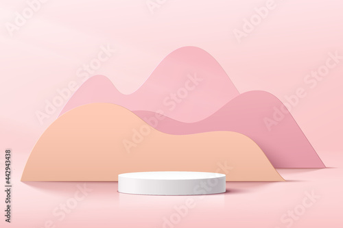 Abstract 3D white cylinder pedestal podium with pastel curve geometric layers backdrop. Light pink minimal wall scene. Modern vector rendering geometric platform for product display presentation.