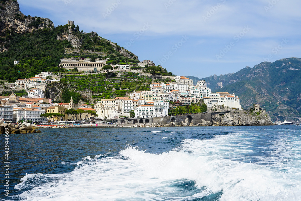 Amalfi view from the boat on a summer day, Amalfi Coast, Salerno, Campania, Italy