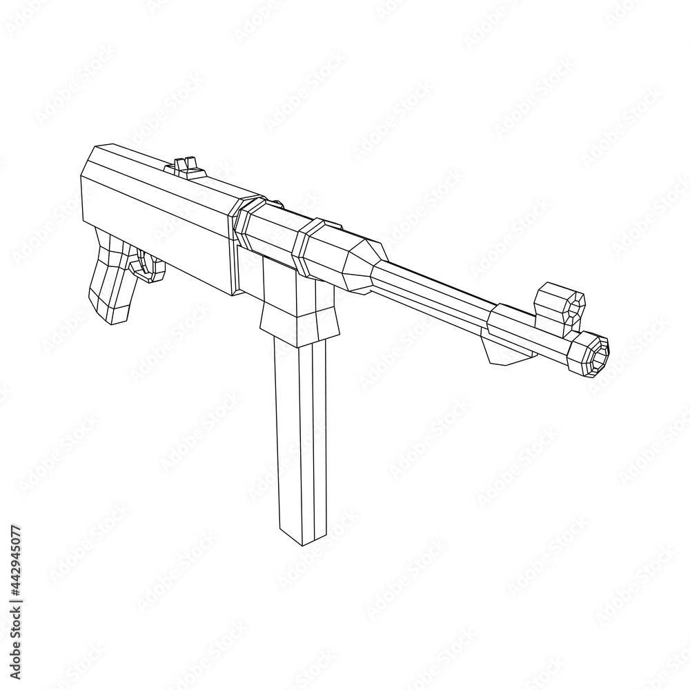 Submachine gun german MP 40 world war 2 firearms pistol. Wireframe low poly mesh vector illustration.