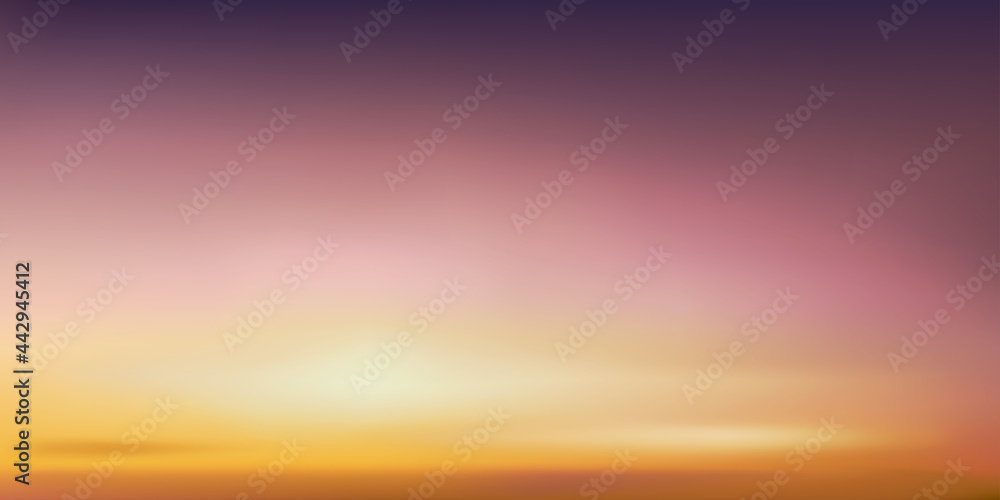 Sunrise in Morning with Orange,Yellow,Pink and Purple Sky,Dramatic twilight landscape with Sunset in evening,Vector horizon Dusk Sky banner of Sunset or sunlight for four seasons background