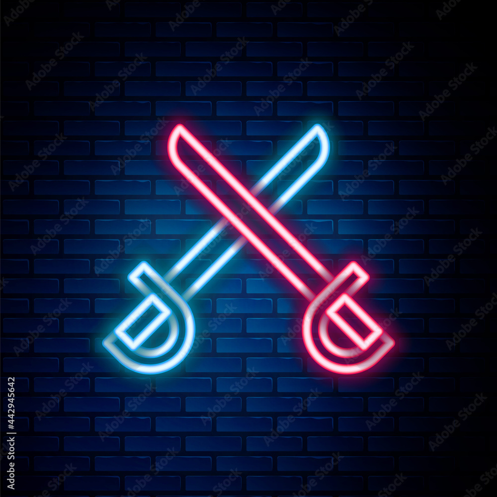 Glowing neon line Crossed pirate swords icon isolated on brick wall background. Sabre sign. Colorful outline concept. Vector Glowing neon line Crossed pirate swords icon isolated on brick wall background. Sabre sign. Colorful outline concept. Vector