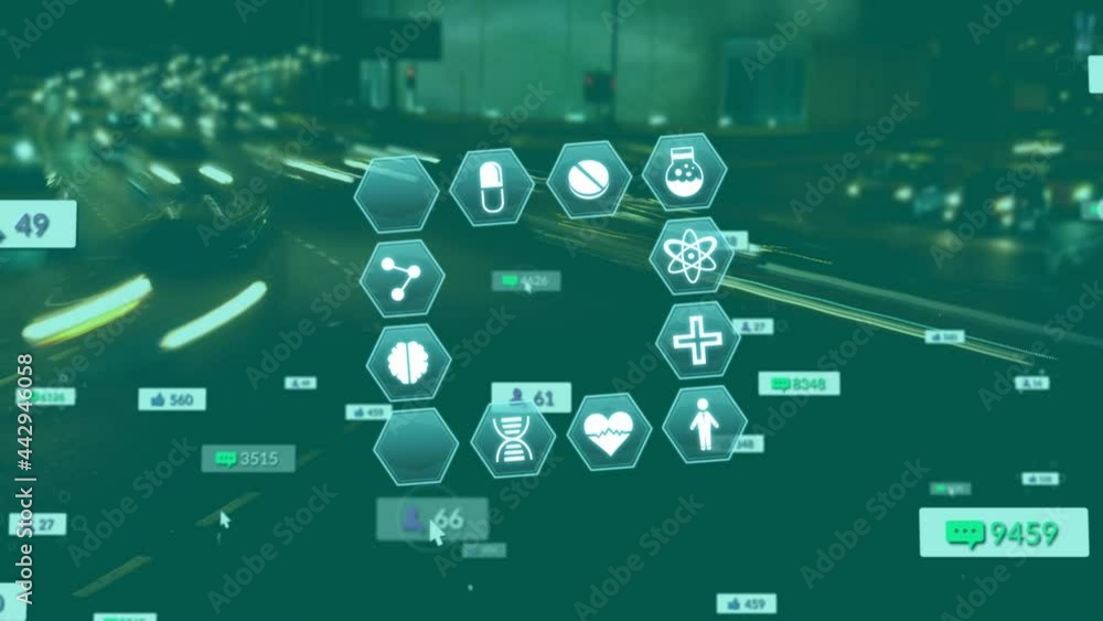 Animation of social media and medical icons over cityscape Animation of social media and medical icons over cityscape