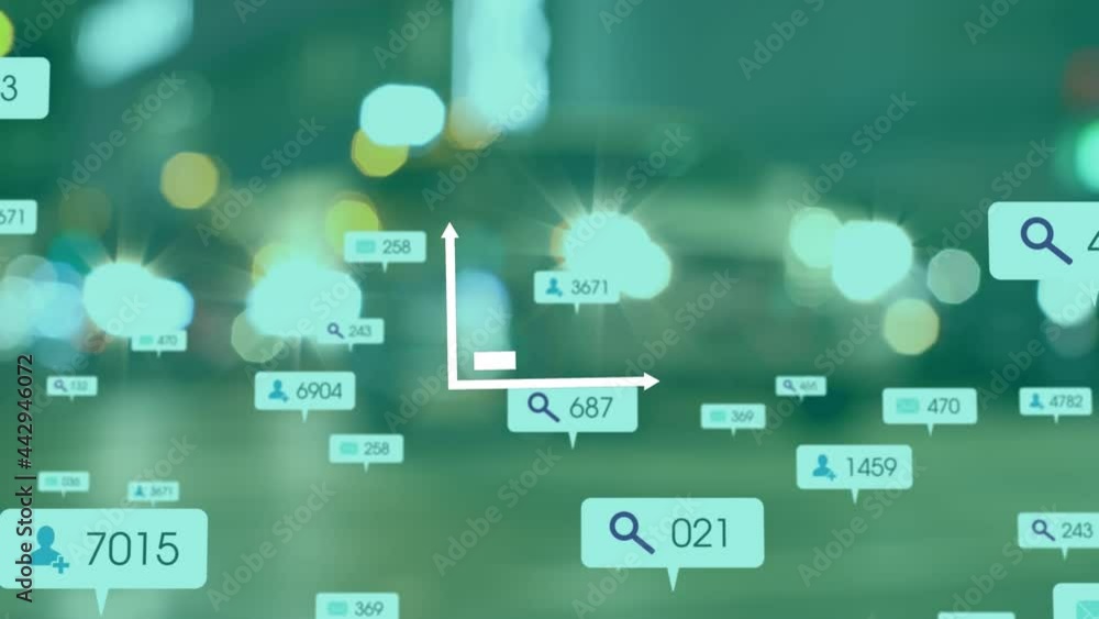Animation of social media icons over statistics and city lights Animation of social media icons over statistics and city lights