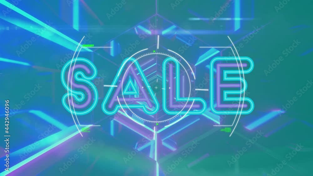 Animation of sale text and scope scanning over cityscape Animation of sale text and scope scanning over cityscape