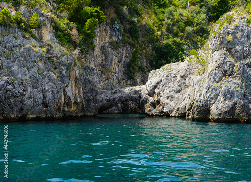 Kiss arc view from a boat on Amalfi Coast in a summer day, Mediterranean sea, Amalfi, Positano, Salerno, Campania, Italy