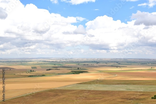 Viewpoint of Tierra de Campos in the town Autilla del pino. Immense plain of cereal fields in Castilla y Leon, granary of Spain.