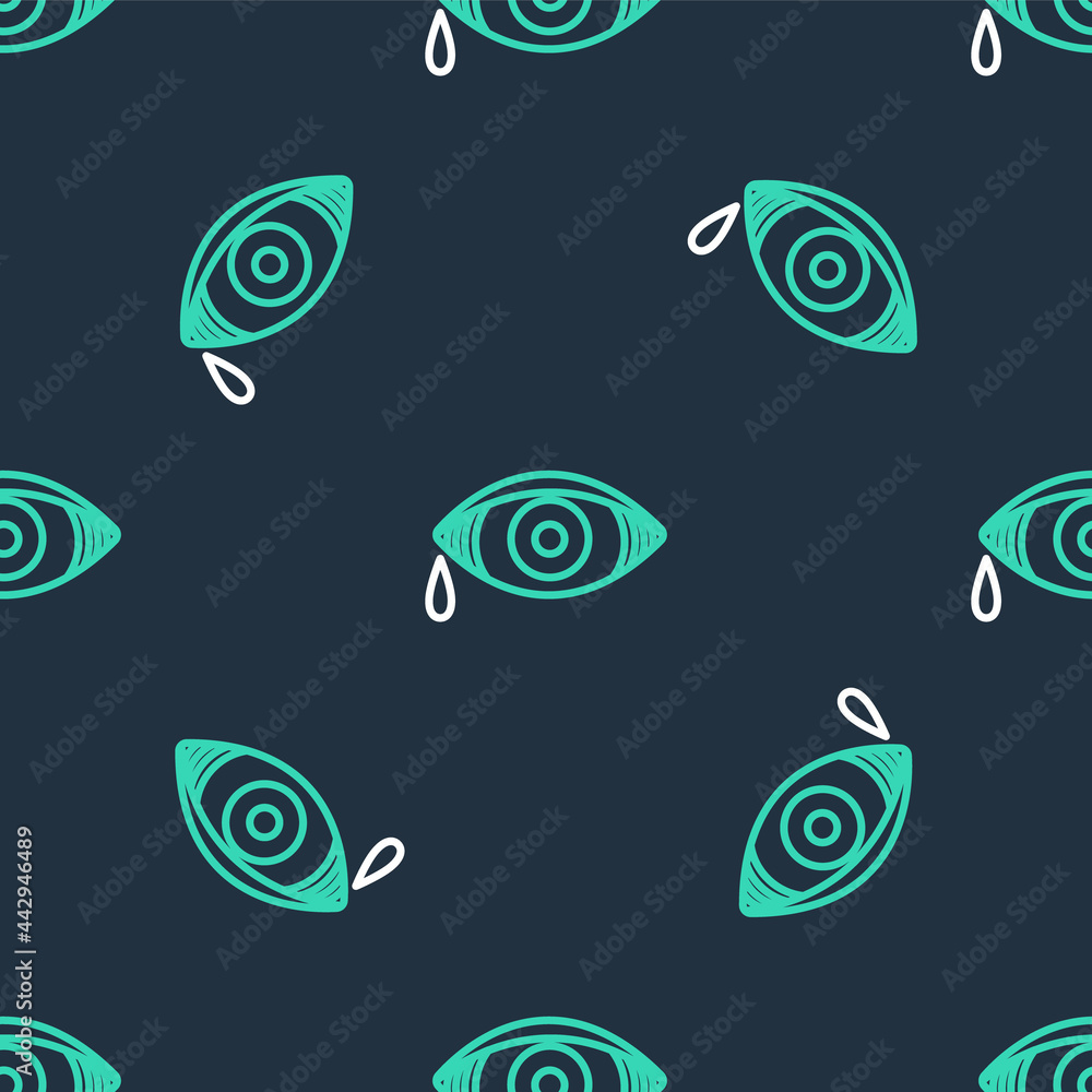 Fototapeta premium Line Reddish eye due to viral, bacterial or allergic conjunctivitis icon isolated seamless pattern on black background. Vector
