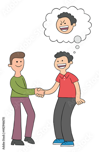 Cartoon two men shake hands and look happy but one of them is malicious,  vector illustration Stock Vector | Adobe Stock