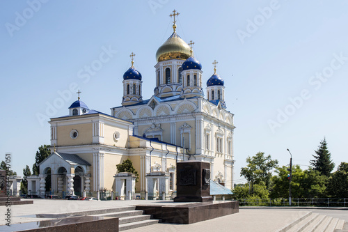Yelets, Lipetsk region, Russia - June 7, 2021, the Cathedral of the ascension of the Lord under a blue sunset sky.