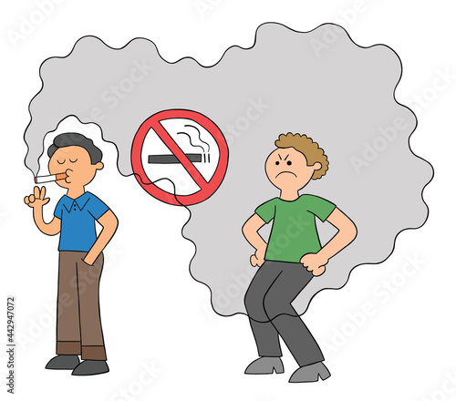 Cartoon man smokes in no smoking place and man behind is bothered by cigarette smoke, vector illustration