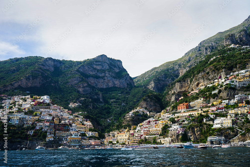 Positano city view from the coast on a cloudy day, Amalfi Coast, Campania, Italy