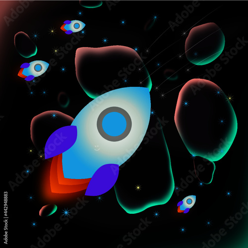 illustration funny rockets flying in space among meteorites