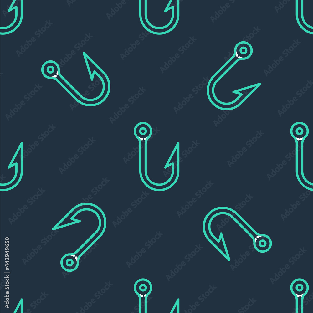 Fototapeta premium Line Fishing hook icon isolated seamless pattern on black background. Fishing tackle. Vector