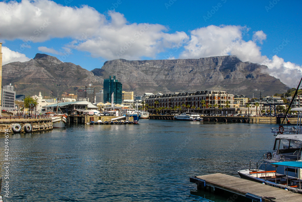 Downtown Cape Town seen from V&A waterfront. The financial district of one of the capital cities of South Africa, with Table Mountain on the foreground