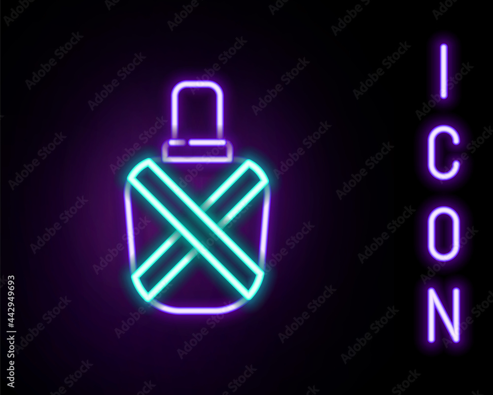 Obraz premium Glowing neon line Canteen water bottle icon isolated on black background. Tourist flask icon. Jar of water use in the campaign. Colorful outline concept. Vector