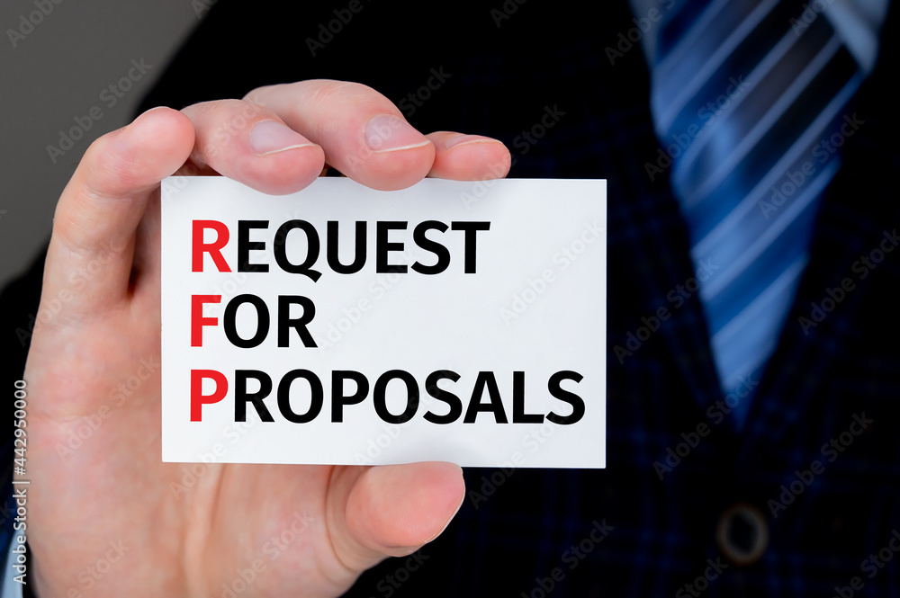 Concept image of Accounting Business Acronym RFP Request For Proposal written over business card help by businessman Concept image of Accounting Business Acronym RFP Request For Proposal written over business card help by businessman