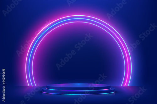 Abstract 3D dark blue cylinder pedestal podium with glowing semicircle neon backdrop. Technology futuristic scene. Sci-fi platform concept. Modern vector rendering for product display presentation