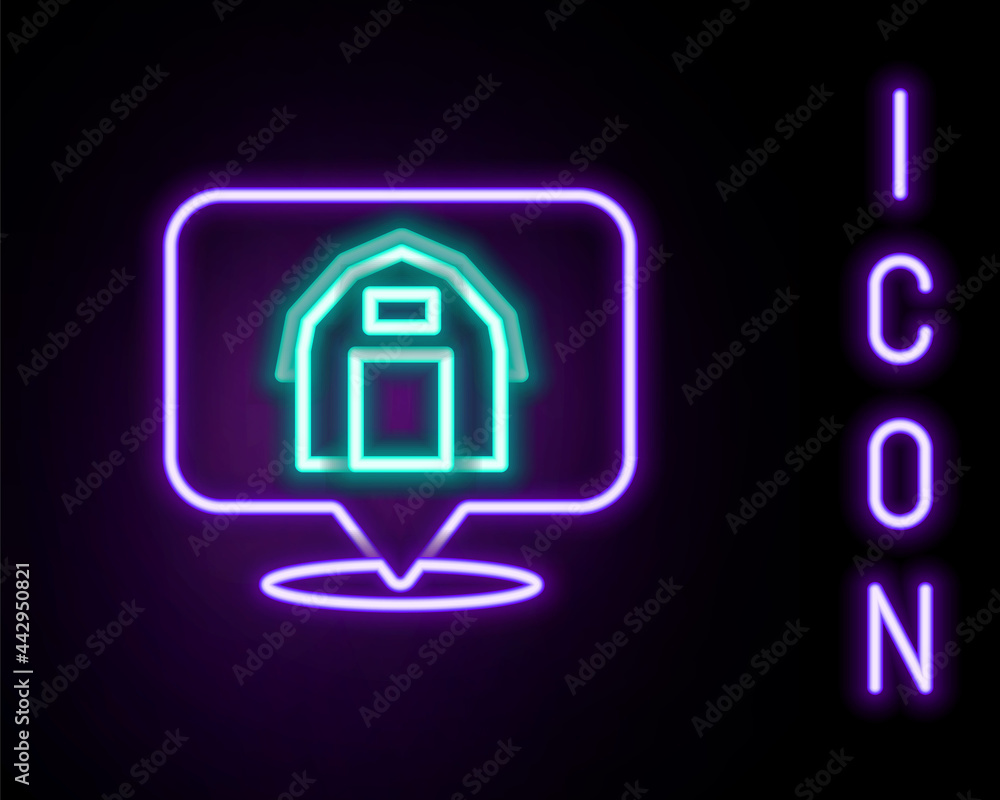 Glowing neon line Location farm house icon isolated on black background. Colorful outline concept. Vector Glowing neon line Location farm house icon isolated on black background. Colorful outline concept. Vector