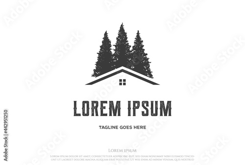 Pine Cedar Spruce Cypress Tree Forest House Cabin Real Estate Logo Design Vector