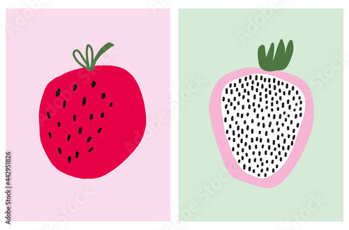 Cute Hand Drawn Vector Illustrations with Simple Abstract Fruits on a White Background. Pink-White Pitaya with Irregular Black Spots Isolated on a Mint Green. Infantile Style Red Apple on a Pink.