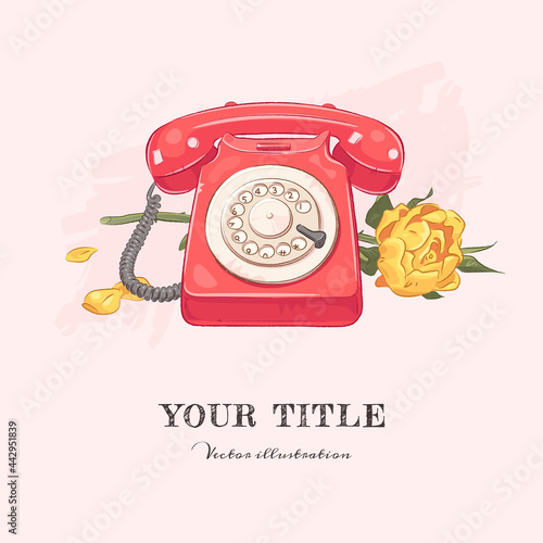 Hand drawn illustration of red vintage telephone and flower