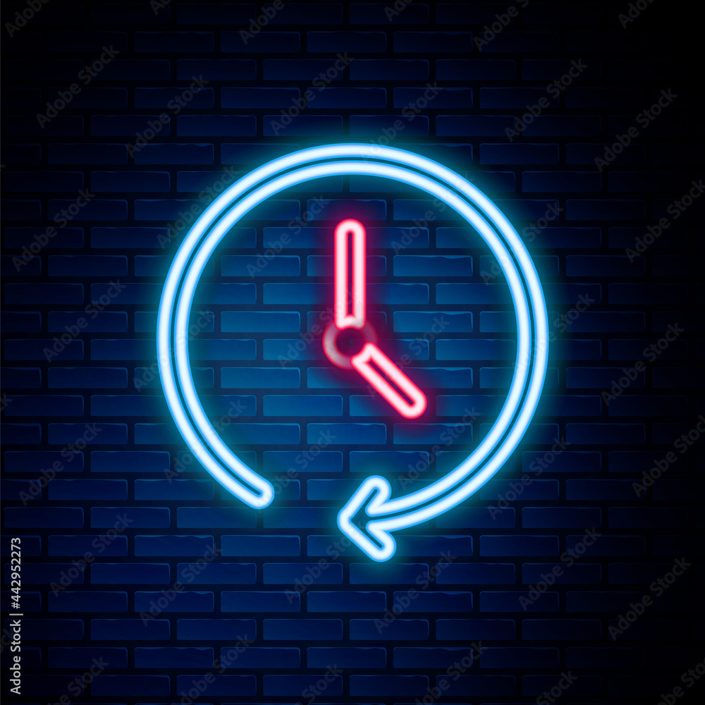Glowing neon line Clock icon isolated on brick wall background. Time symbol. Colorful outline concept. Vector Glowing neon line Clock icon isolated on brick wall background. Time symbol. Colorful outline concept. Vector