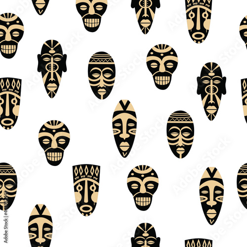 Tribal Masks Seamless Vector Pattern. African Ethnic Masks. Hand Drawn Elements. Colorful Illustration.